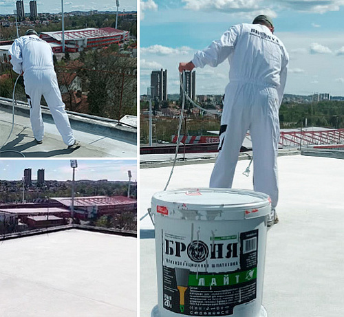 Waterproofing and insulation of the used roof of a multi-storey building in Serbia applying a complex of materials - Bronya Classic NF, Bronya Light AirLess NF, and Bronya Aquablock Effect NF (photo and video)