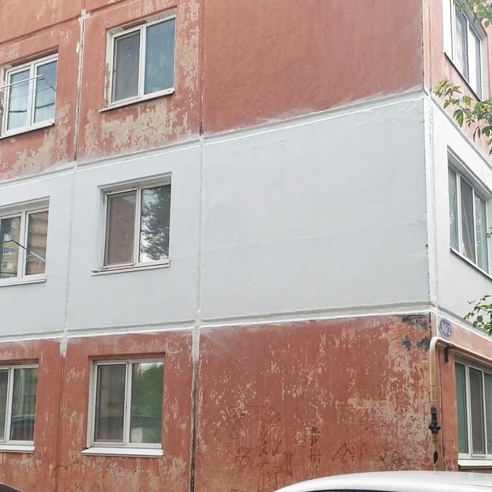  Complex application of modifications, flagships Bronya Facade and Bronya Classic, as well as primers of Bronya for insulation of interplanetary seams and facade, the second floor of an apartment building in the city of Blagoveshchensk (photo and video